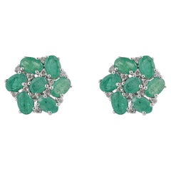 Silvorra 925 Silver 6.21ct Lush Green Emerald and Diamond Floral Cluster Studs