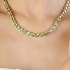 Silvorra 925 Silver Bezel-Set Natural Peridot Tennis Necklace for Valentine Gift