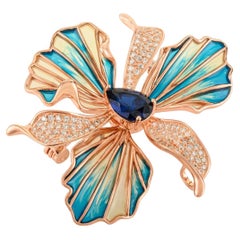 Silvorra 925 Silver Blue Pear Cut Zircon & Enamel Orchid Blossom Brooch Pendant