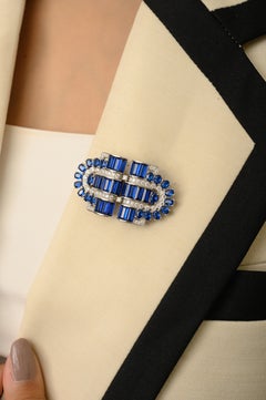 Silvorra 925 Silver Blue & White Zirconia Double Clip Brooch with Collar Clip