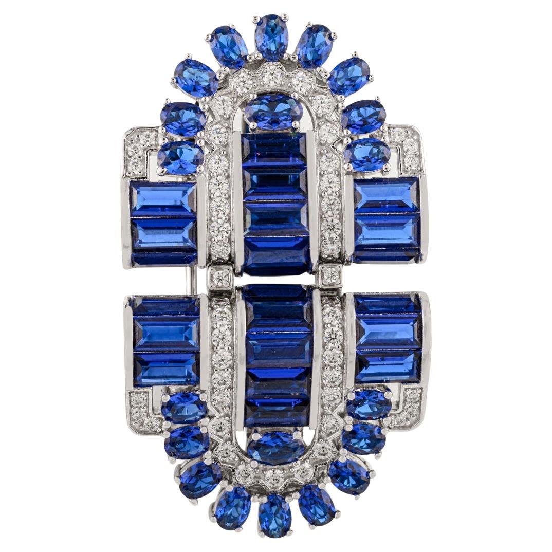 Spilla a doppia clip con collare in argento 925 con zirconi blu e bianchi