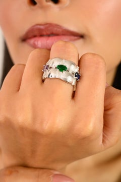 Silvorra 925 Silver Colorful Cubic Zirconia Wide Band Textured Ring Jewelry Gift