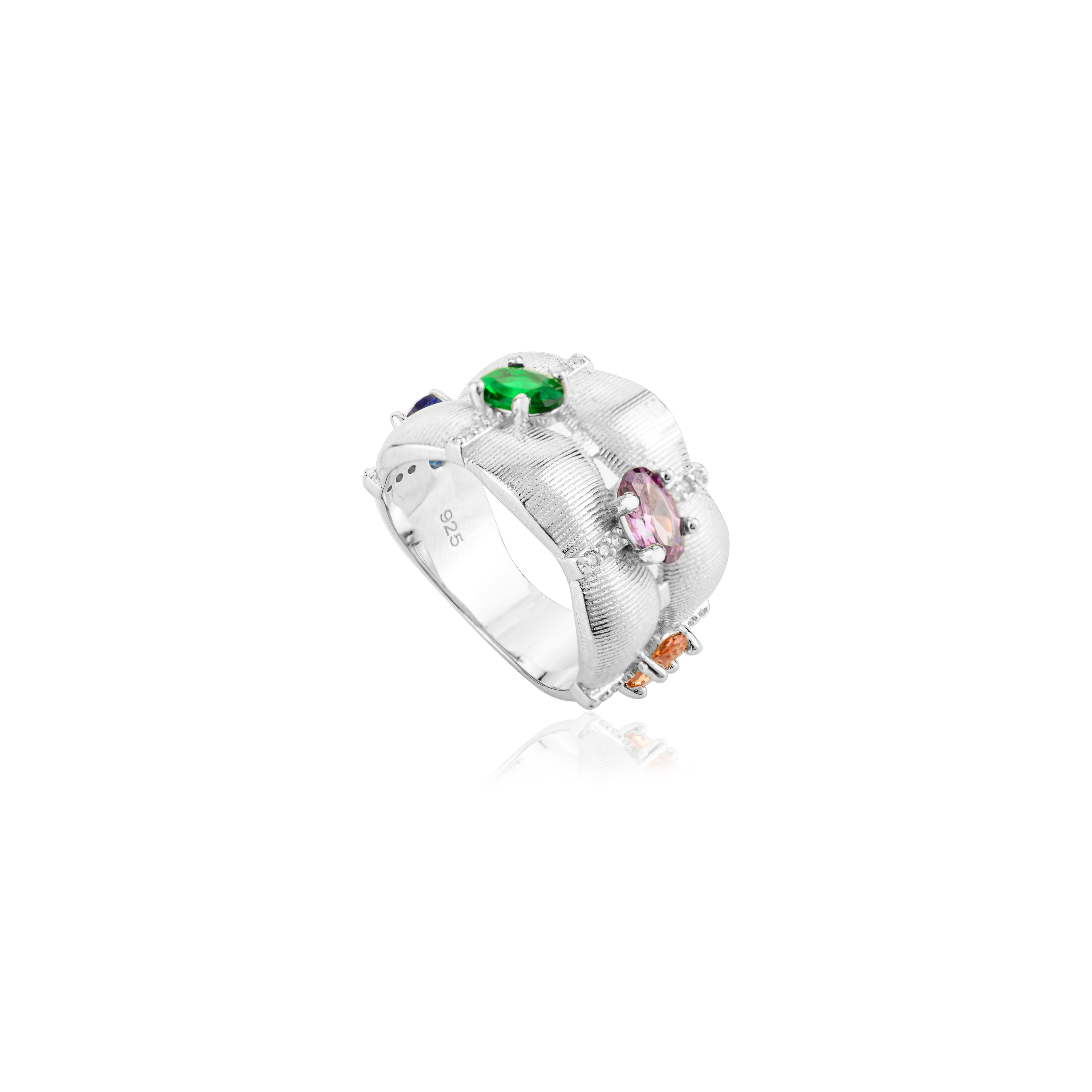 En vente :  A Silver 925 Argent 925 Zircone Cubique Colorée Bague Large Texturée Bijoux Cadeau 3