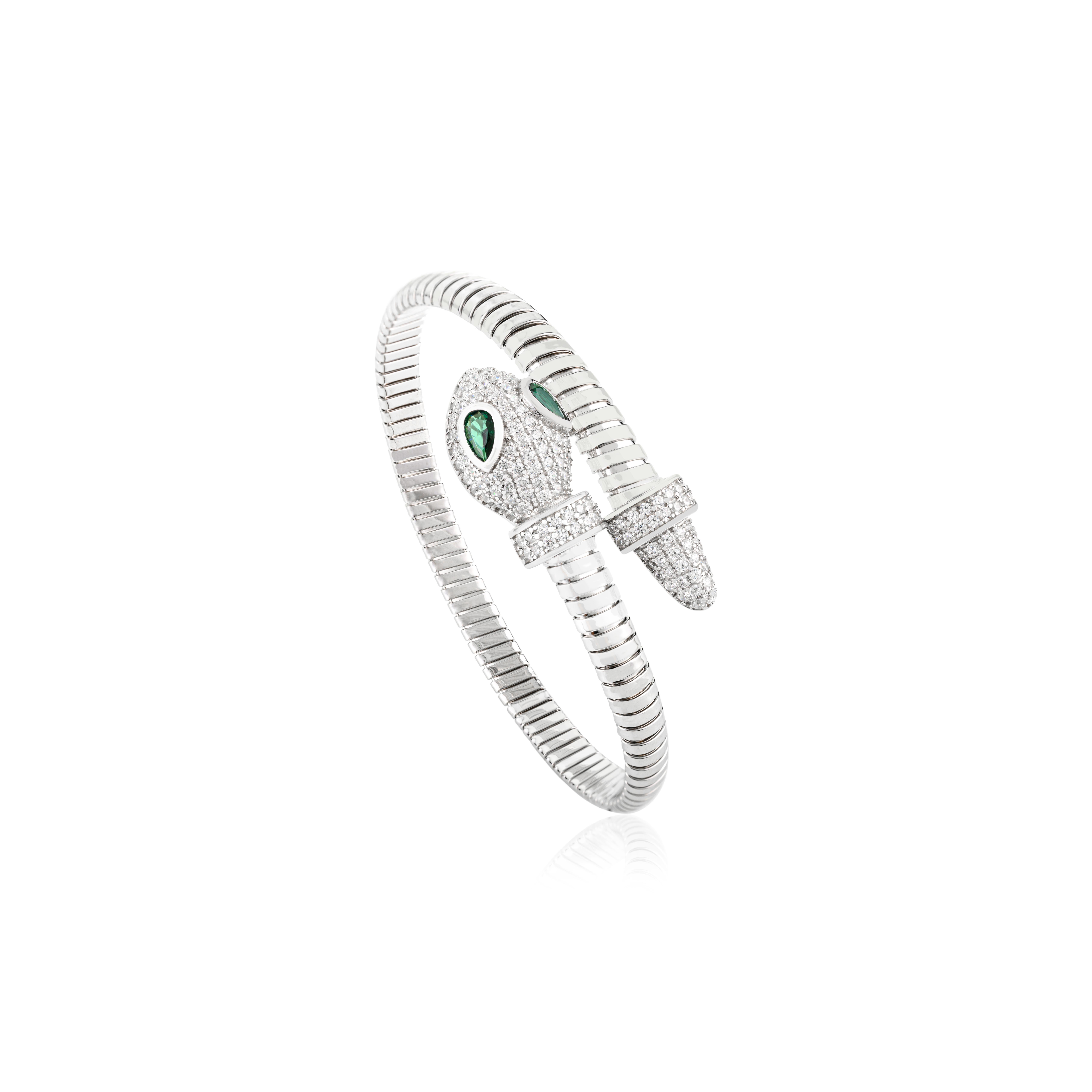 A Silver 925 Bracelet manchette serpent à deux têtes en argent 925 avec yeux en zircon poire Neuf - En vente à New York, NY