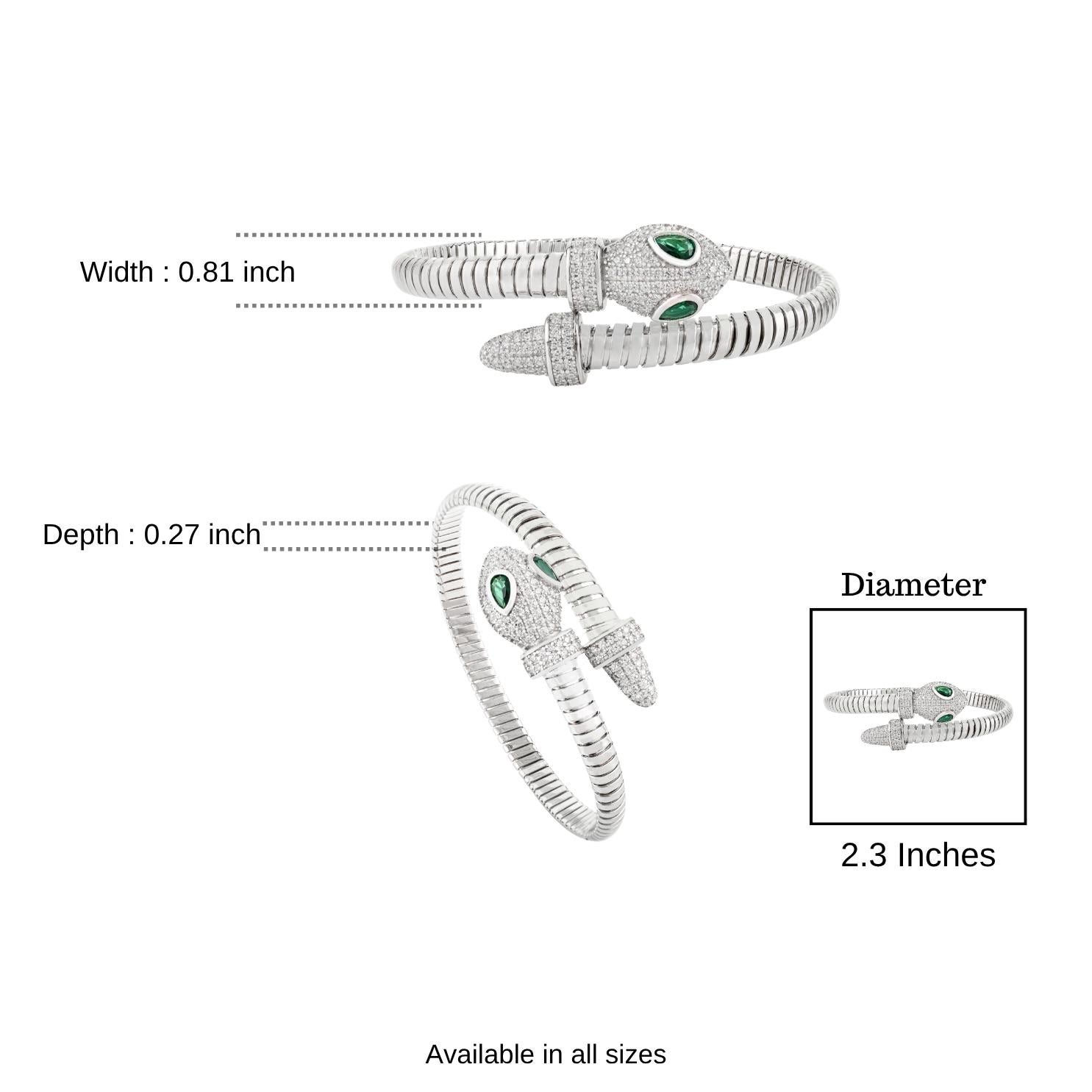 A Silver 925 Bracelet manchette serpent à deux têtes en argent 925 avec yeux en zircon poire Pour femmes en vente