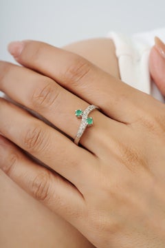 Silvorra 925 Silver Emerald and Diamond Toi et Moi Bypass Wave Ring Fine Jewelry