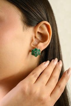 Silvorra 925 Silver Floral Cluster Emerald Stud Earrings with Diamonds Jewelry