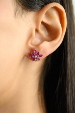 Silvorra 925 Silver Floral Star Earrings with Ruby & Diamonds Valentine Jewelry