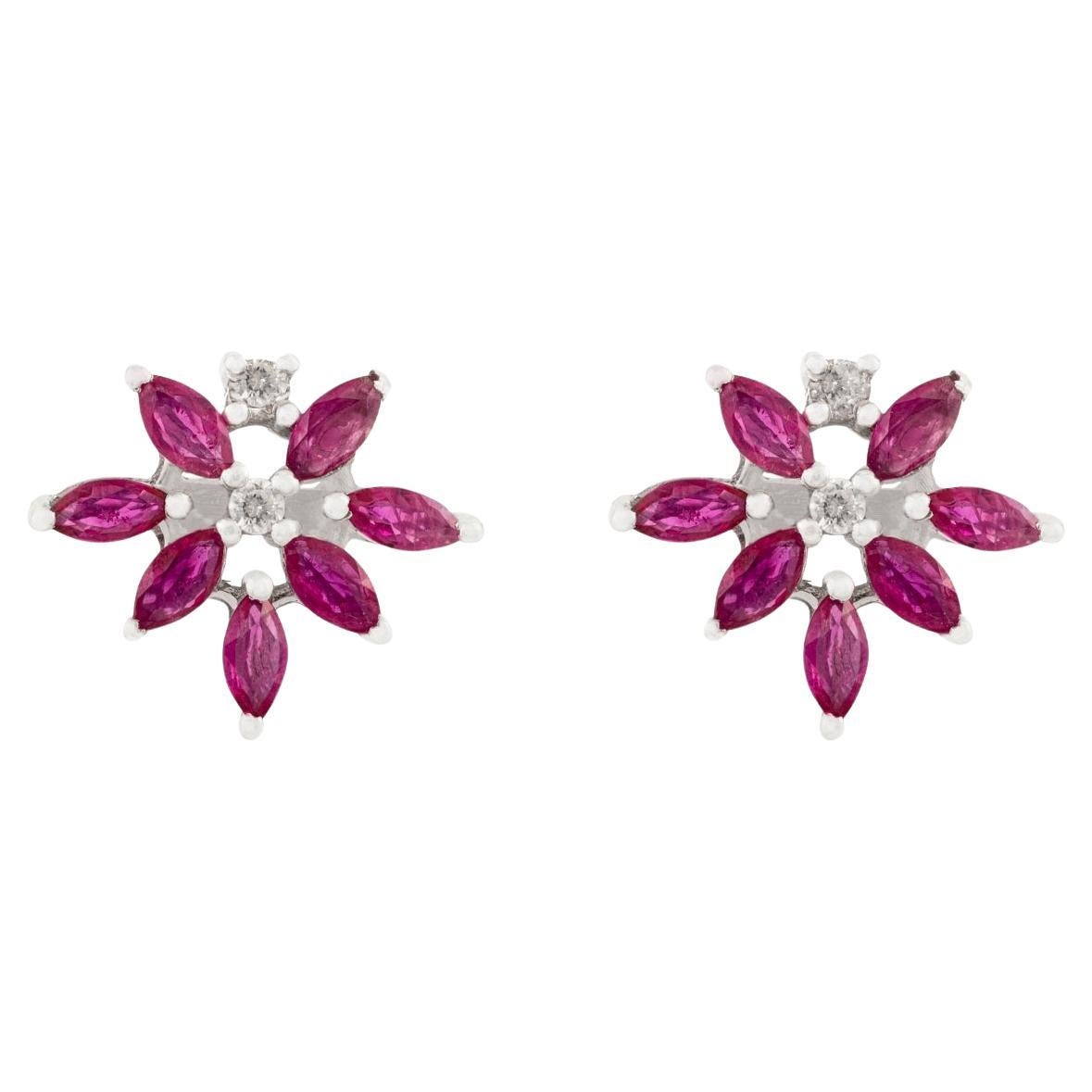 Silvorra 925 Silver Floral Star Earrings with Ruby 
Diamonds Valentine Jewelry For Sale