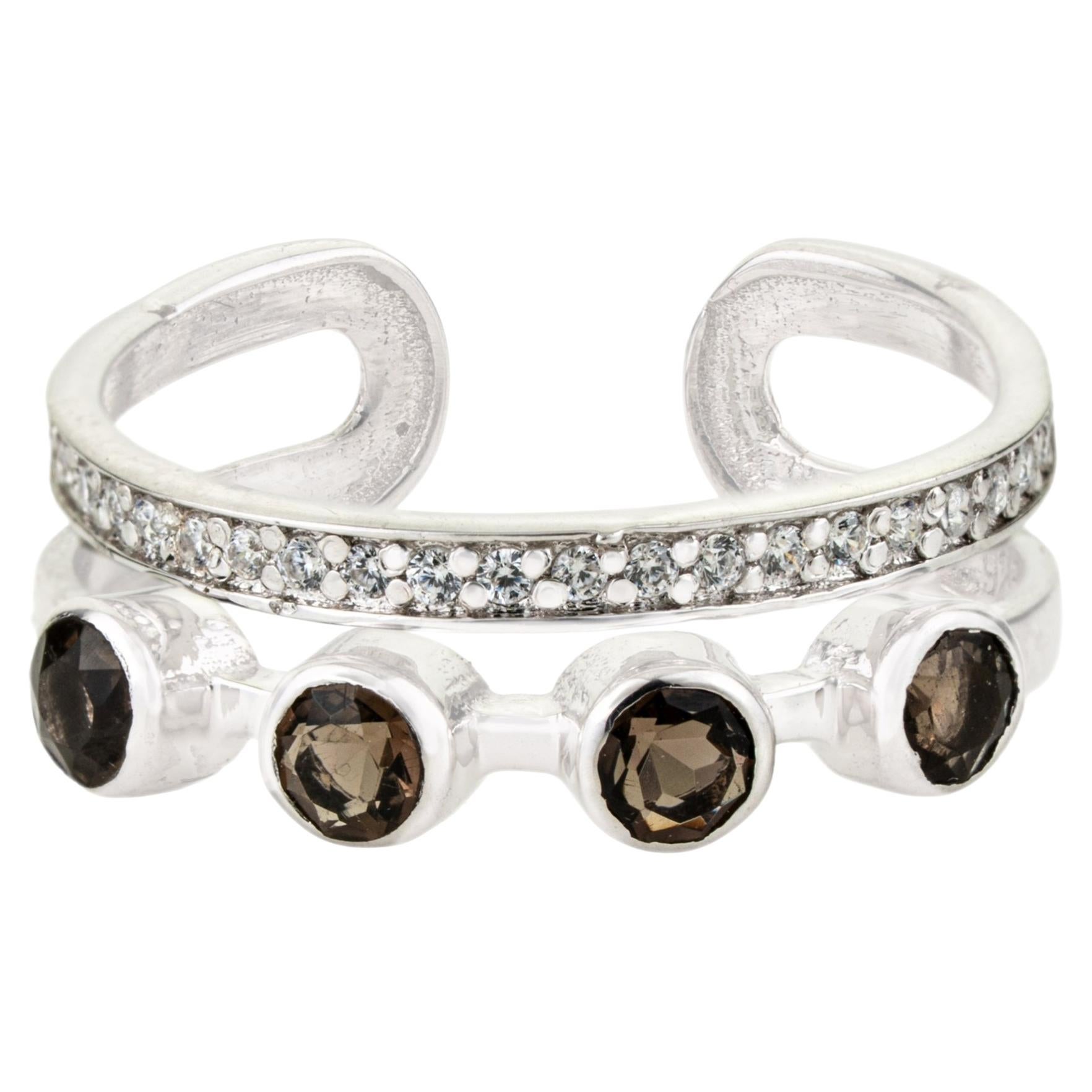 Im Angebot: Silvorra 925 Silber Vier Stein Rauchtopas & Zirkon Double Band Offene Manschette Ring ()