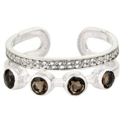 Silvorra 925 Silver Four Stone Smoky Topaz & Zircon Double Band Open Cuff Ring