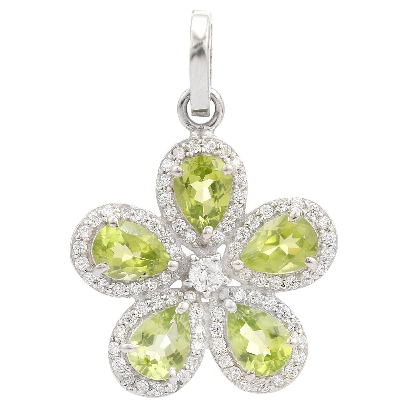 Pendentif floral en argent 925 avec péridot vert et zircon cubique Cadeau de Noël