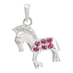 Silvorra 925 Silver Horse Unisex Silver Pendant with Ruby and Diamond Jewelry