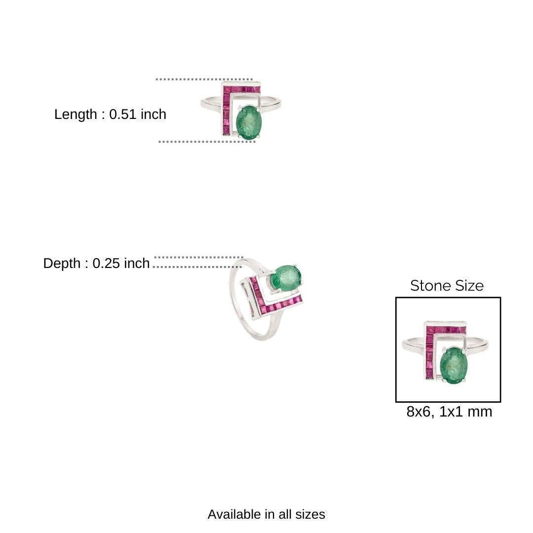 For Sale:  Silvorra 925 Silver L-shaped Ring with 1.82ct Emerald & Ruby Jewelry for Women 10