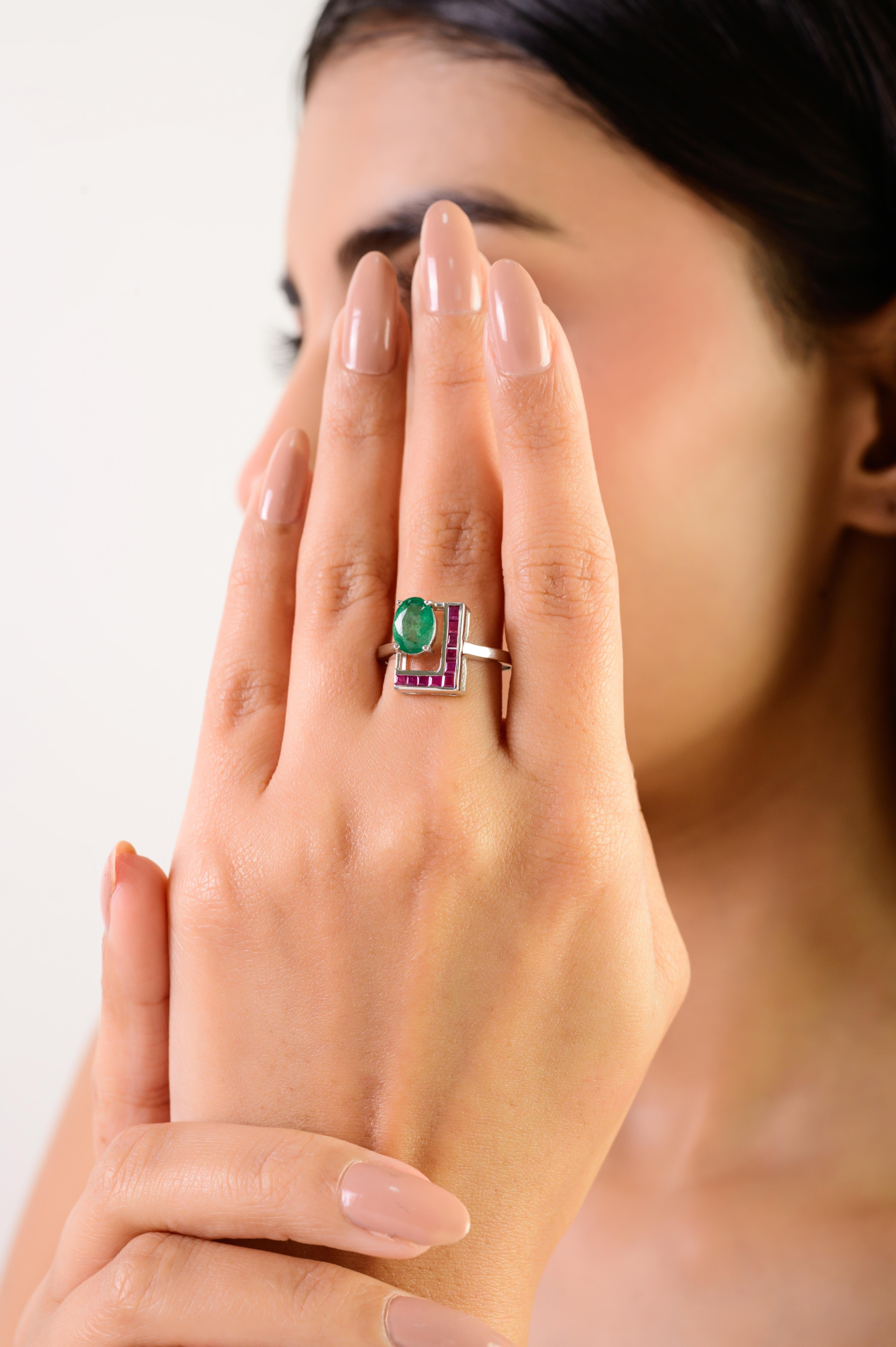 For Sale:  Silvorra 925 Silver L-shaped Ring with 1.82ct Emerald & Ruby Jewelry for Women 2