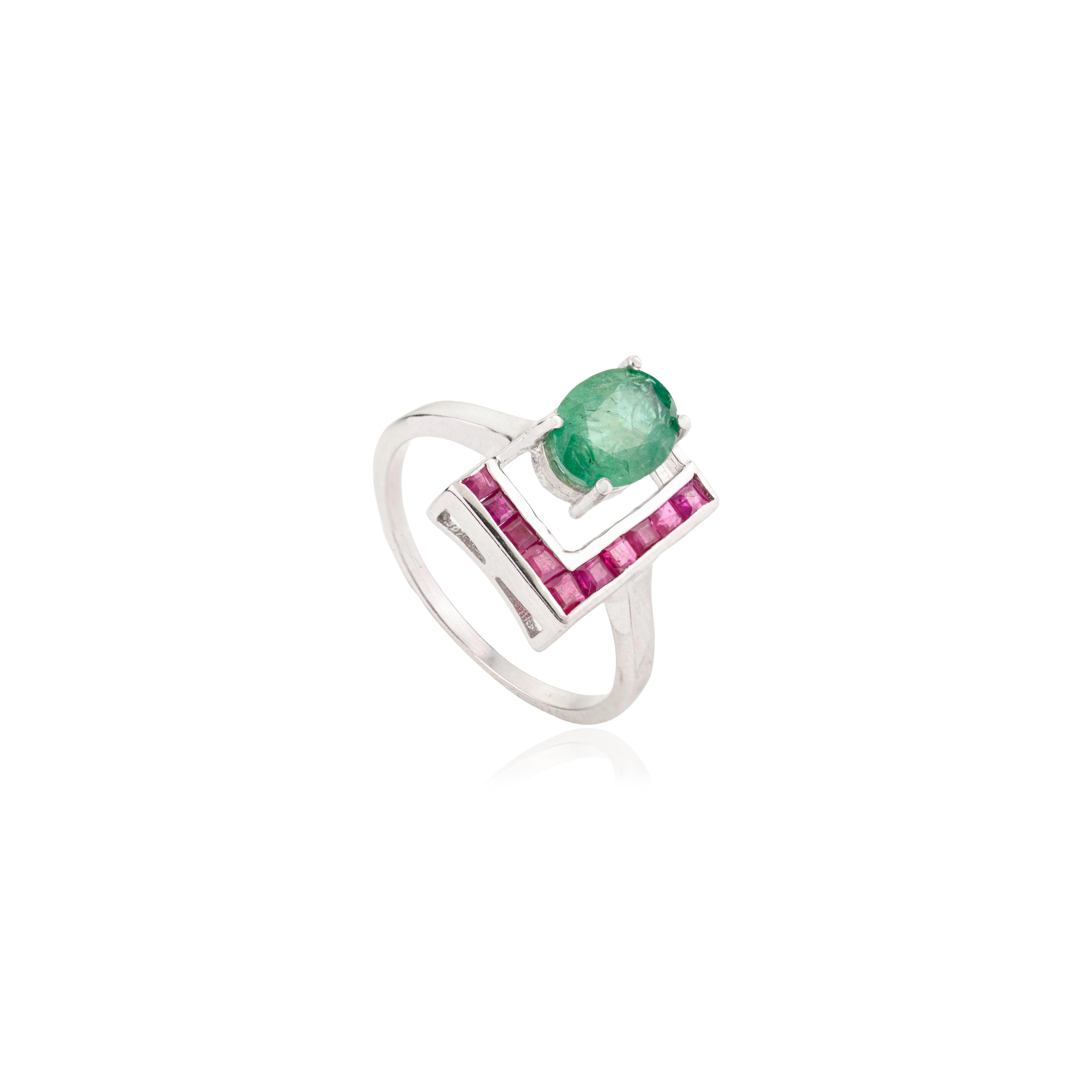 For Sale:  Silvorra 925 Silver L-shaped Ring with 1.82ct Emerald & Ruby Jewelry for Women 3
