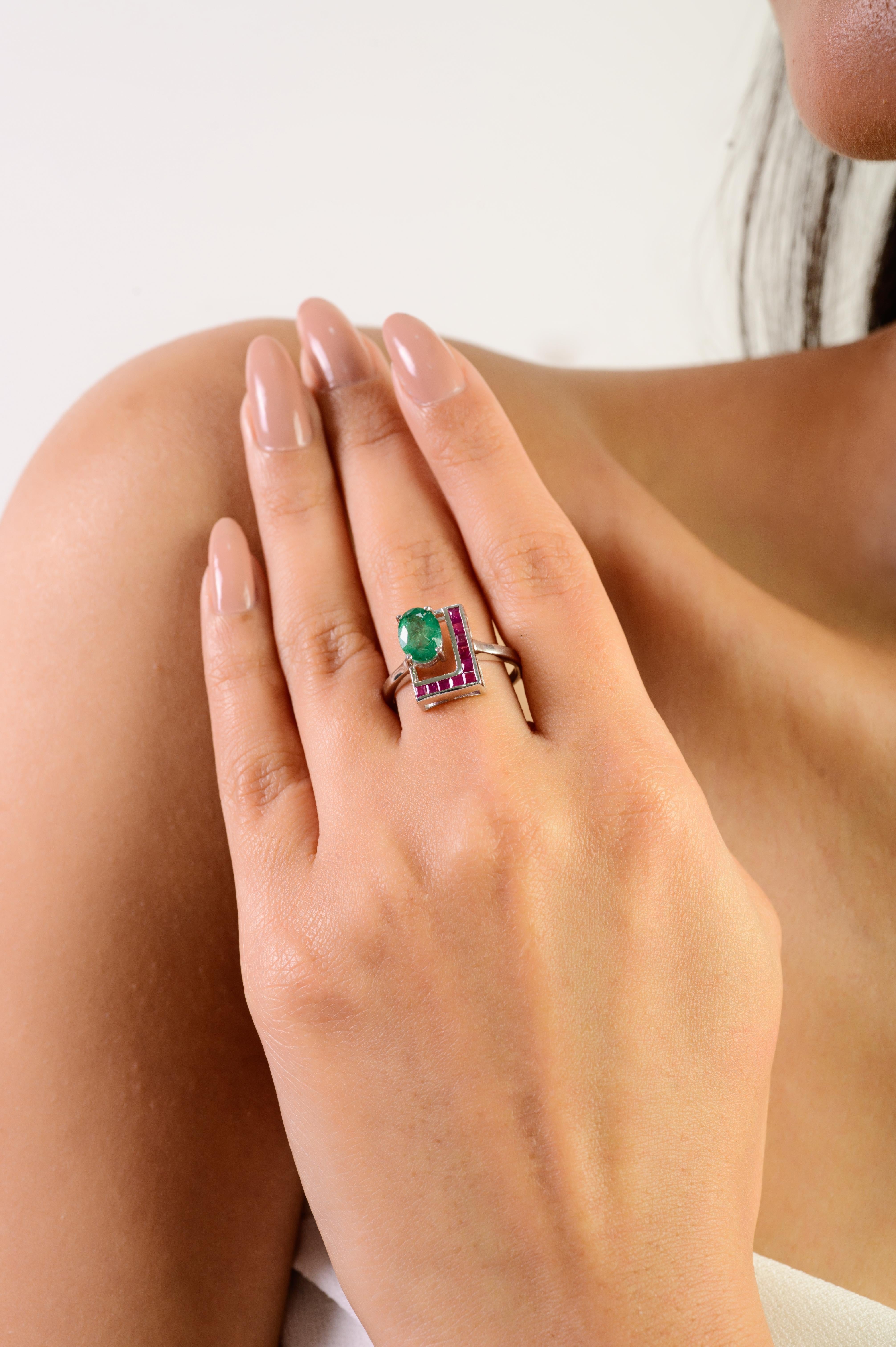 For Sale:  Silvorra 925 Silver L-shaped Ring with 1.82ct Emerald & Ruby Jewelry for Women 4
