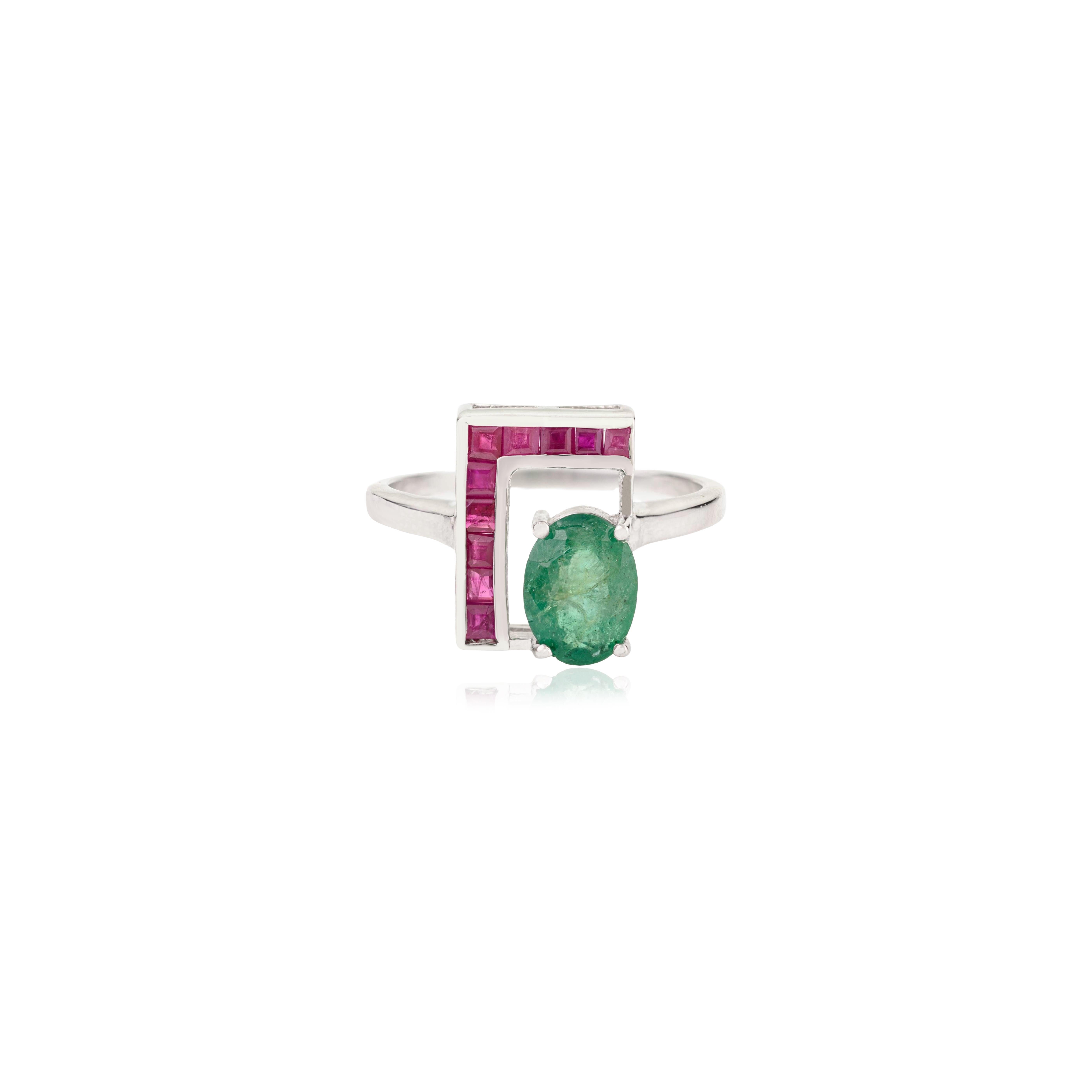 For Sale:  Silvorra 925 Silver L-shaped Ring with 1.82ct Emerald & Ruby Jewelry for Women 7