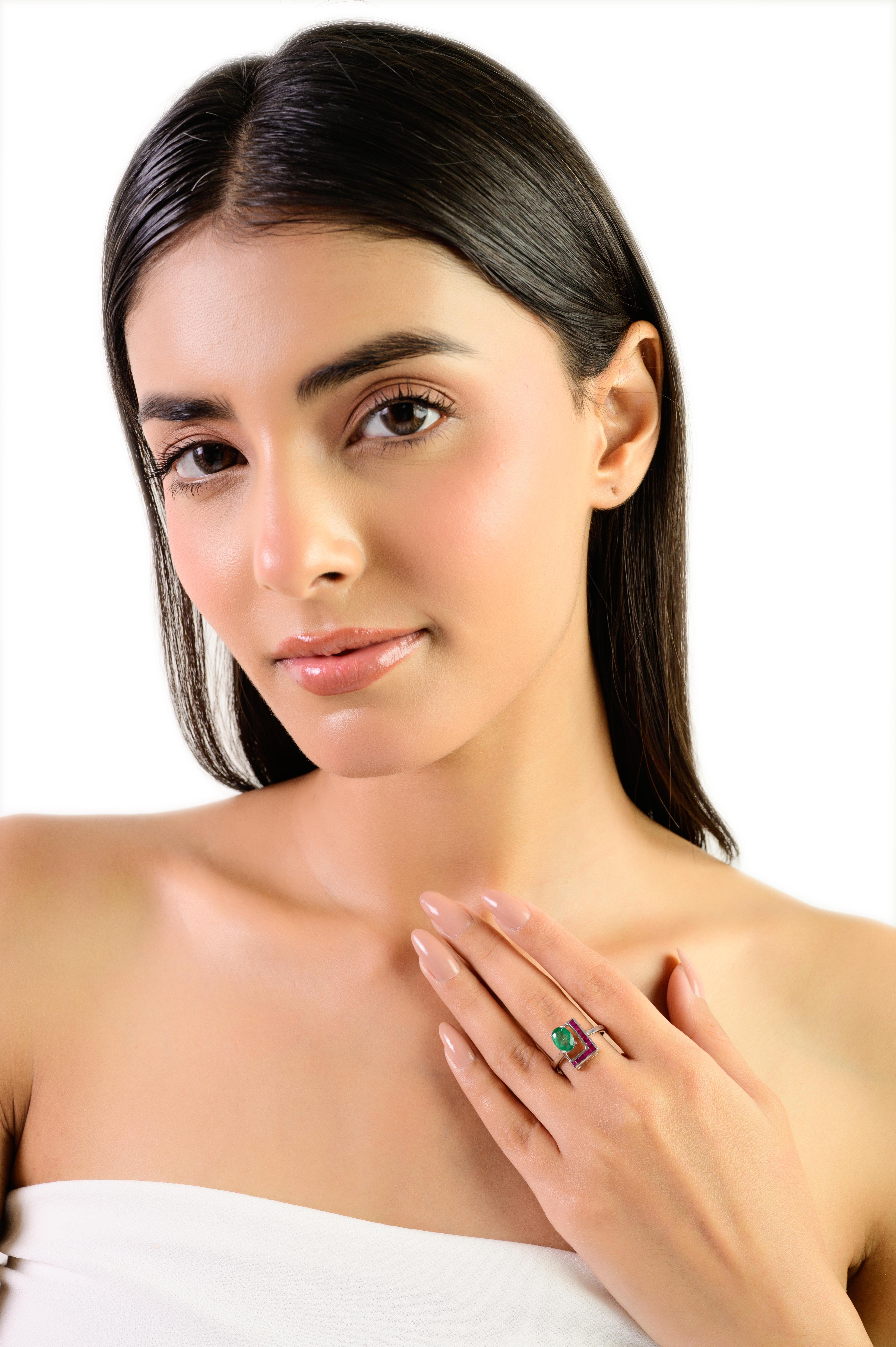 For Sale:  Silvorra 925 Silver L-shaped Ring with 1.82ct Emerald & Ruby Jewelry for Women 8