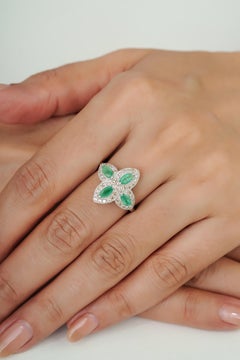 Silvorra 925 Silver Marquise Emerald & Diamond Floral Quatrefoil Cocktail Ring