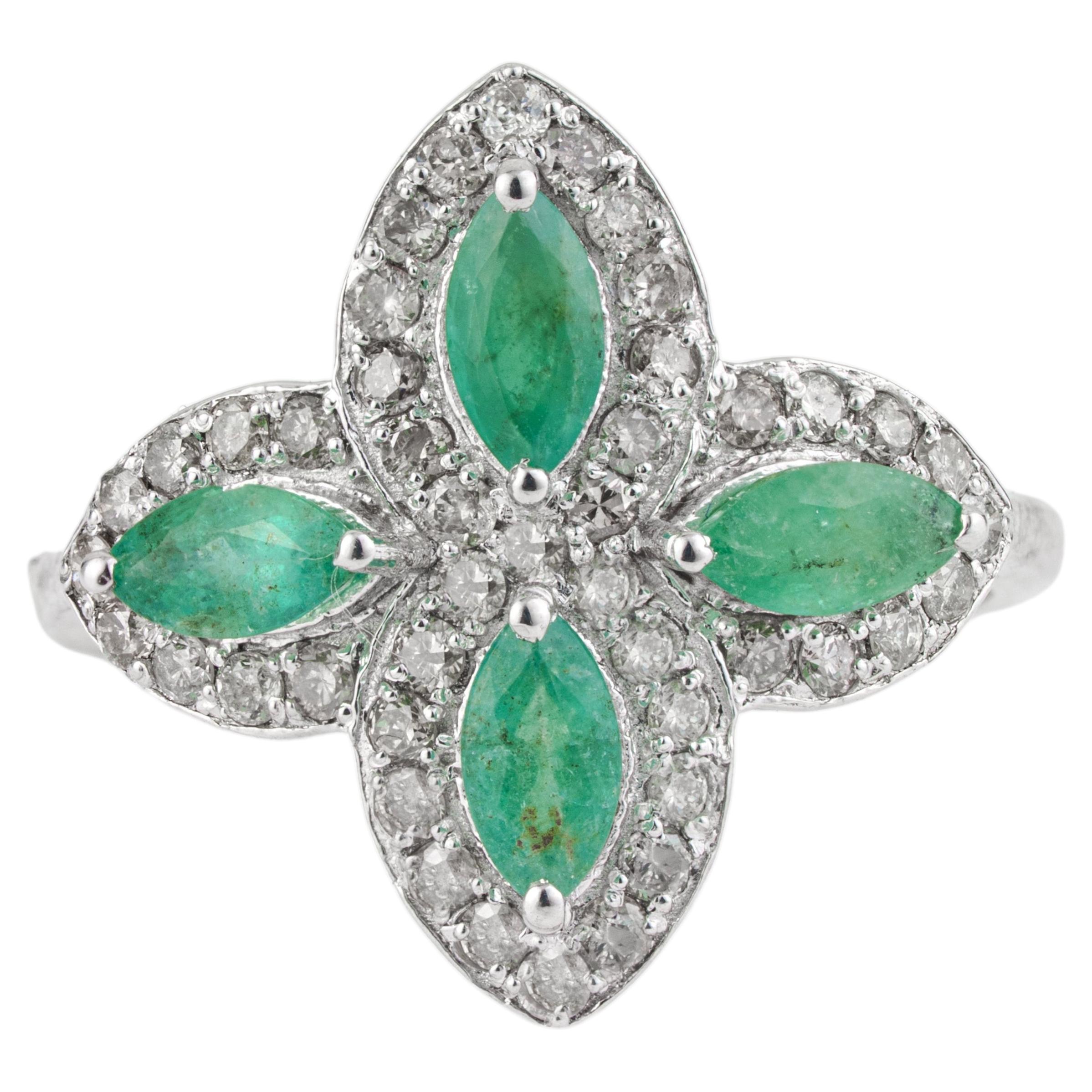 For Sale:  Silvorra 925 Silver Marquise Emerald & Diamond Floral Quatrefoil Cocktail Ring