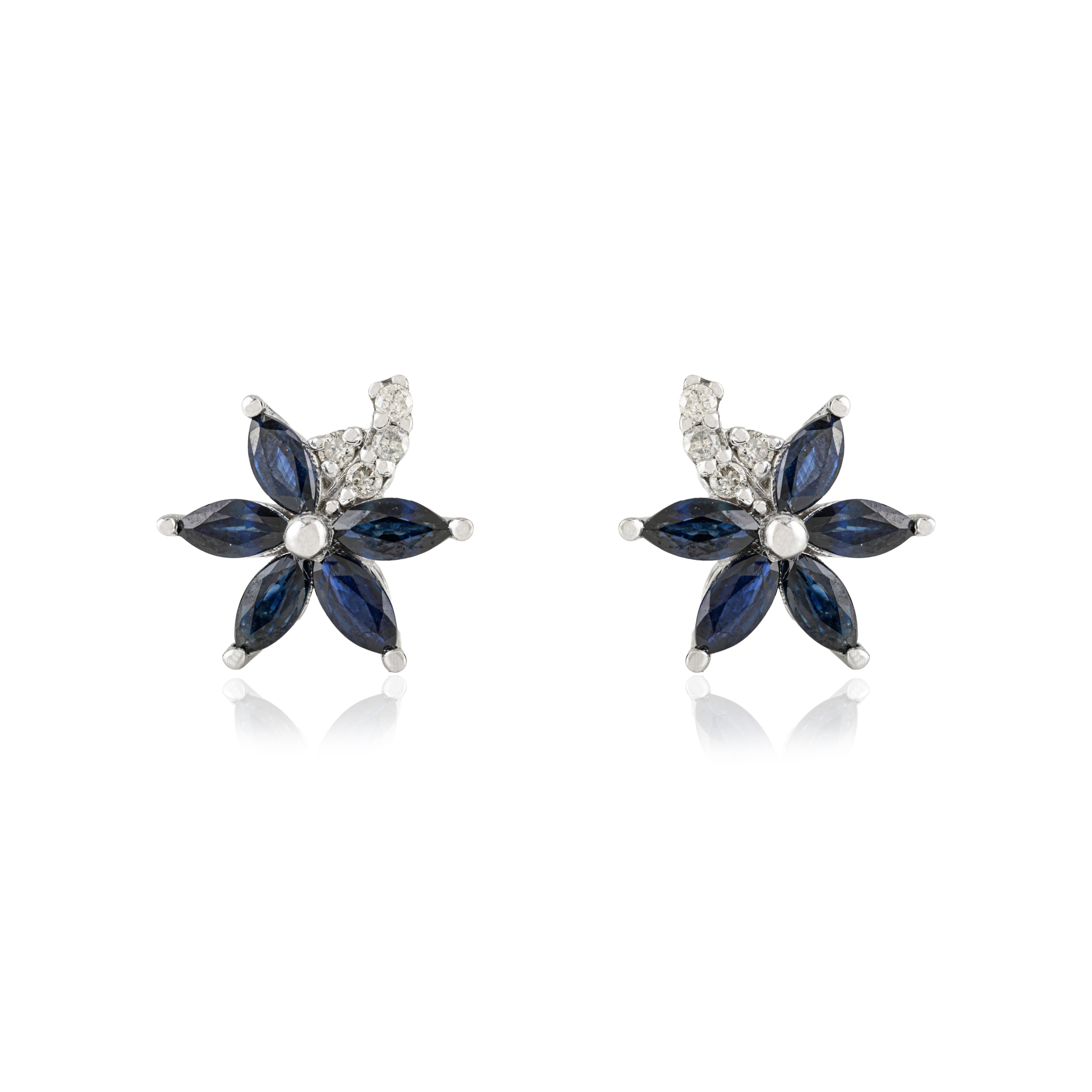Orecchini Silvorra 925 in argento con zaffiro blu naturale marquise e diamanti floreali in vendita 3