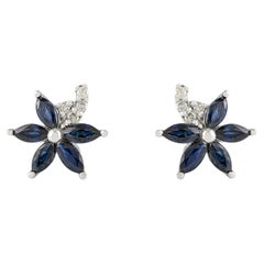 Silvorra Pendientes de Plata 925 Zafiro Azul Marquesa Natural Diamante Floral