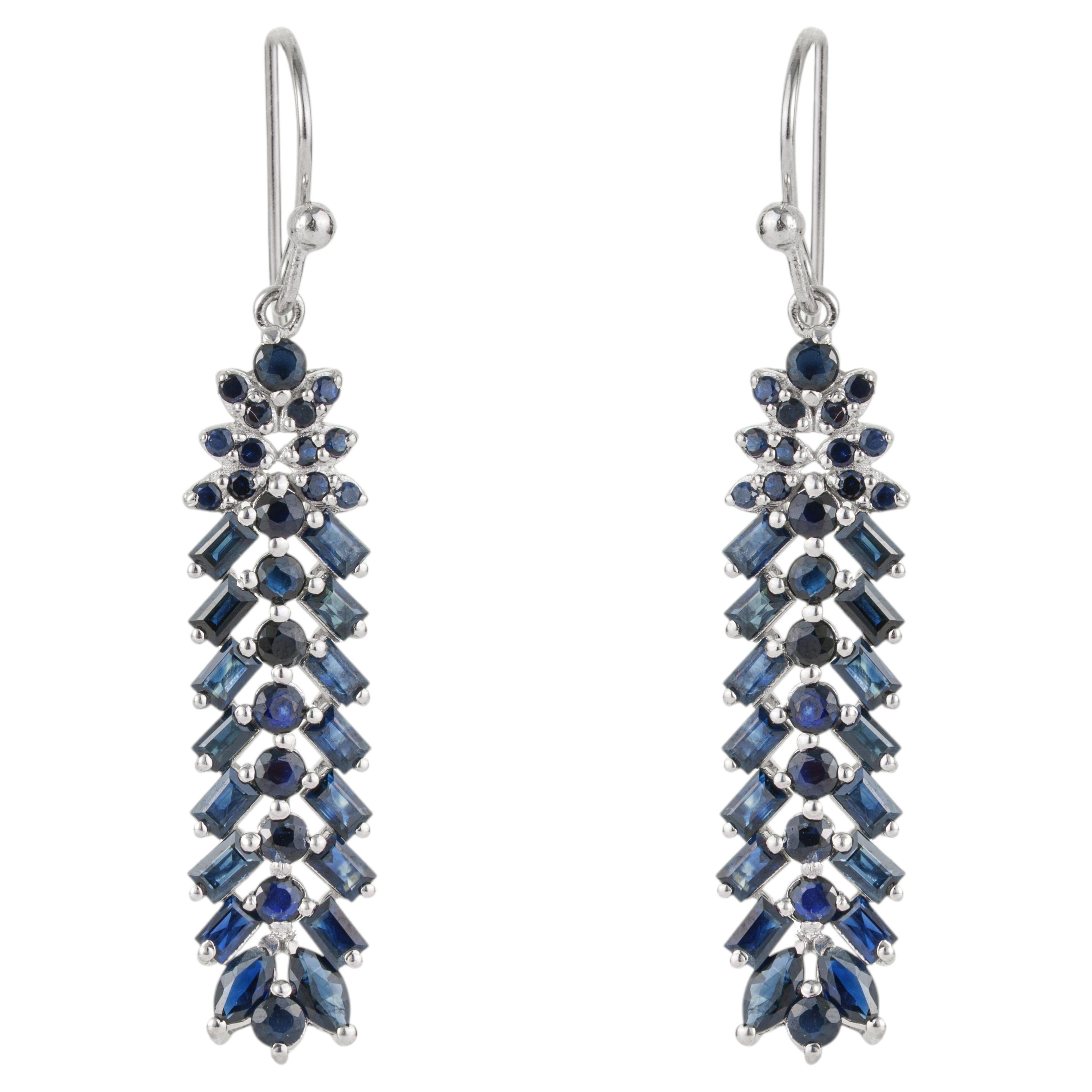 Silvorra 925 Silver Mixed Cut Sapphire Gemstone Drop Earrings in Cascade Design For Sale