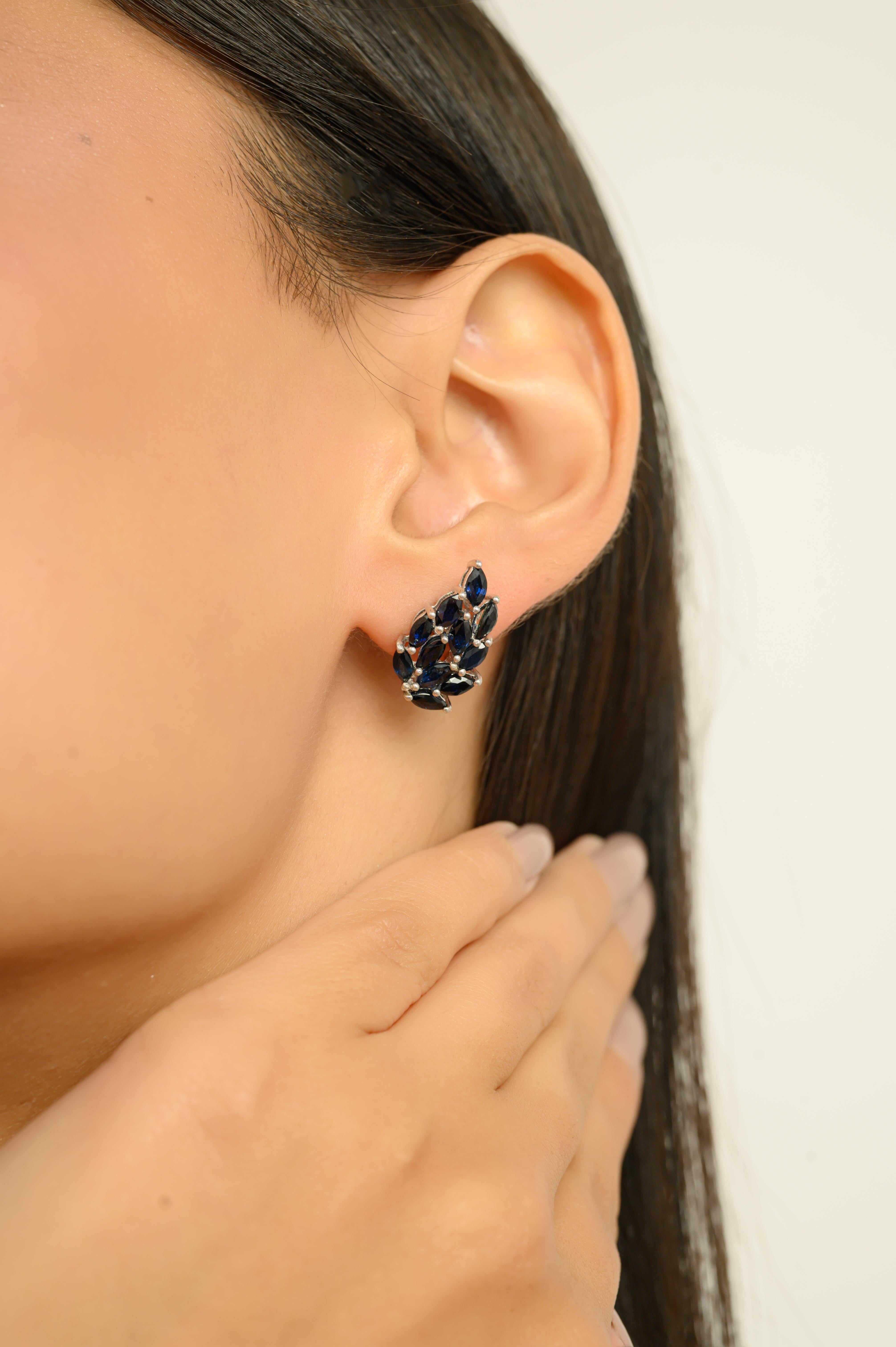 Taglio marquise Orecchini a perno con foglie di zaffiro blu modernista Silvorra 925 Argento Regalo di ringraziamento in vendita