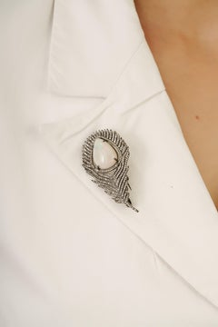 Silvorra 925 Silver Moonlit White Opal & Diamond Peacock Plume Brooch Pendant