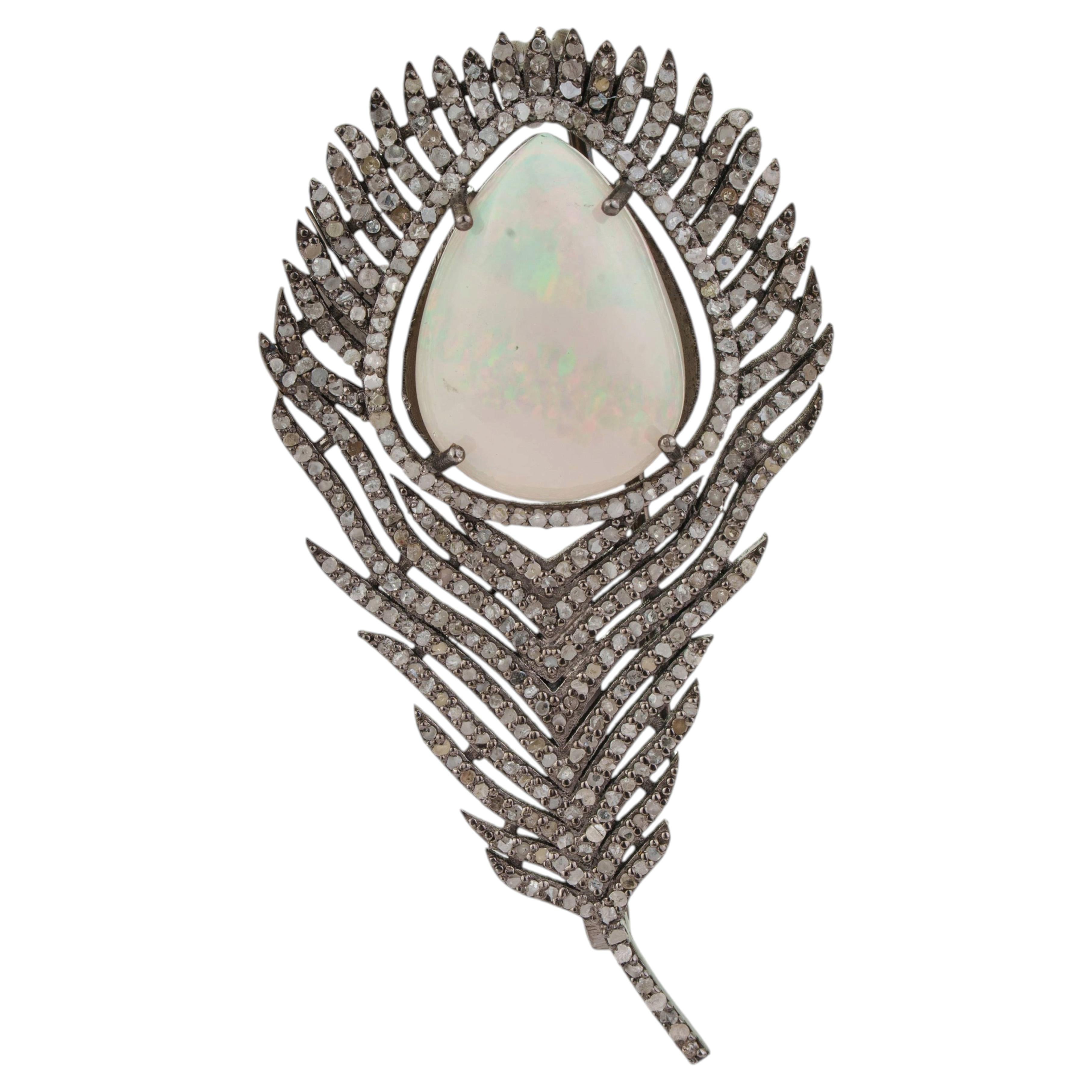 Silvorra 925 Silver Moonlit White Opal & Diamond Peacock Plume Brooch Pendant