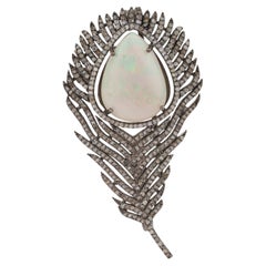 Silvorra 925 Silver Moonlit White Opal & Diamond Peacock Plume Brooch Pendant