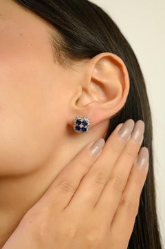 Silvorra 925 Silver Natural Blue Sapphire and Diamond Cluster Stud Earrings