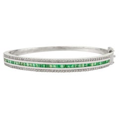 Silvorra 925 Silver Natural Emerald & Diamond Modern Statement Bangle Bracelet