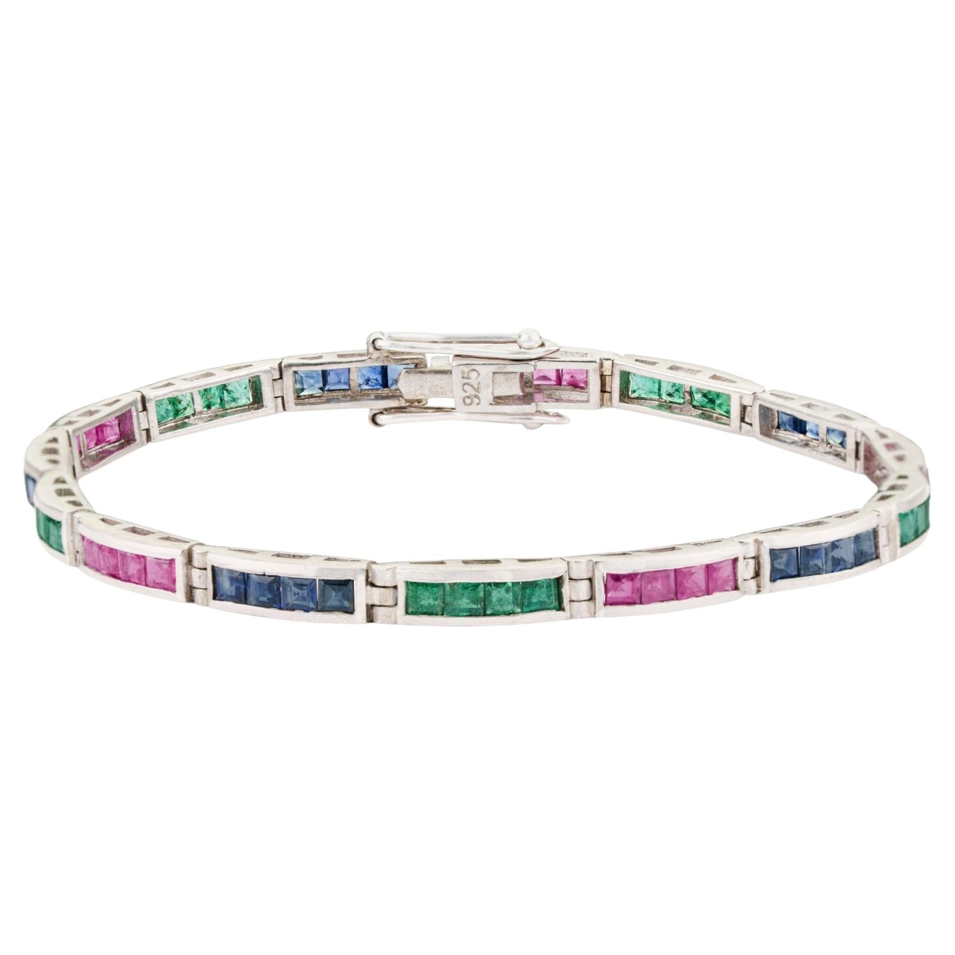 Silvorra 925 Silver Natural Emerald Ruby Sapphire Link Bracelet Gift For Her For Sale
