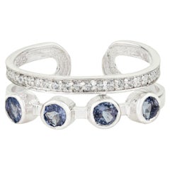 Silvorra 925 Silver Natural Four Stone Tanzanite & Zircon Double Band Open Ring