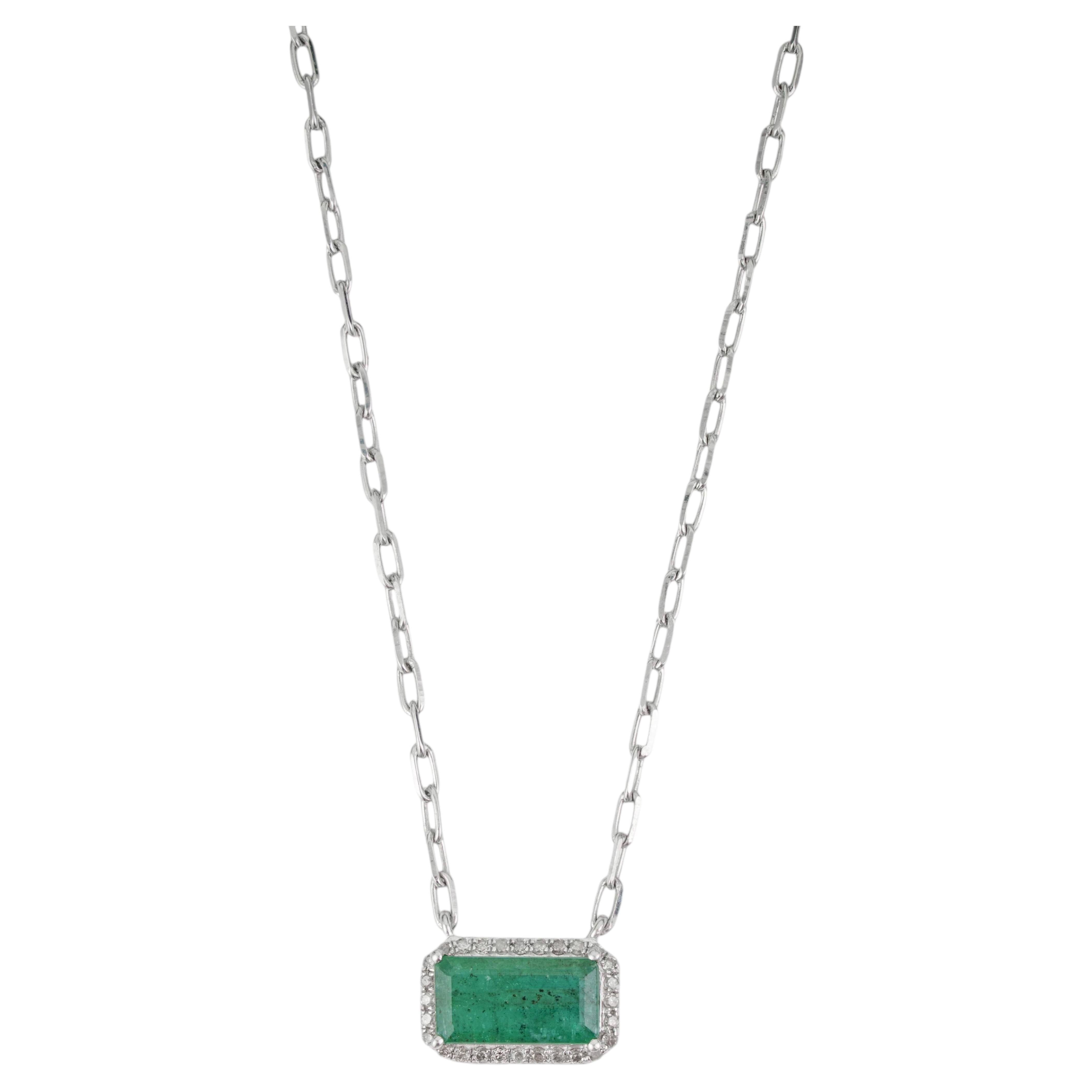 Silvorra Collar Colgante Esmeralda Octogonal Natural de Plata 925 con Halo de Diamantes