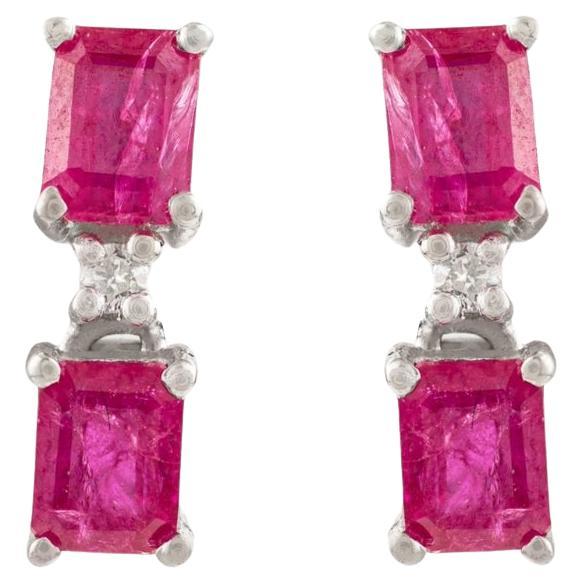 Silvorra 925 Silver Natural Ruby Drop Earrings in Diamonds for Valentine Gift For Sale