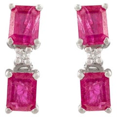Silvorra 925 Silver Natural Ruby Drop Earrings in Diamonds for Valentine Gift