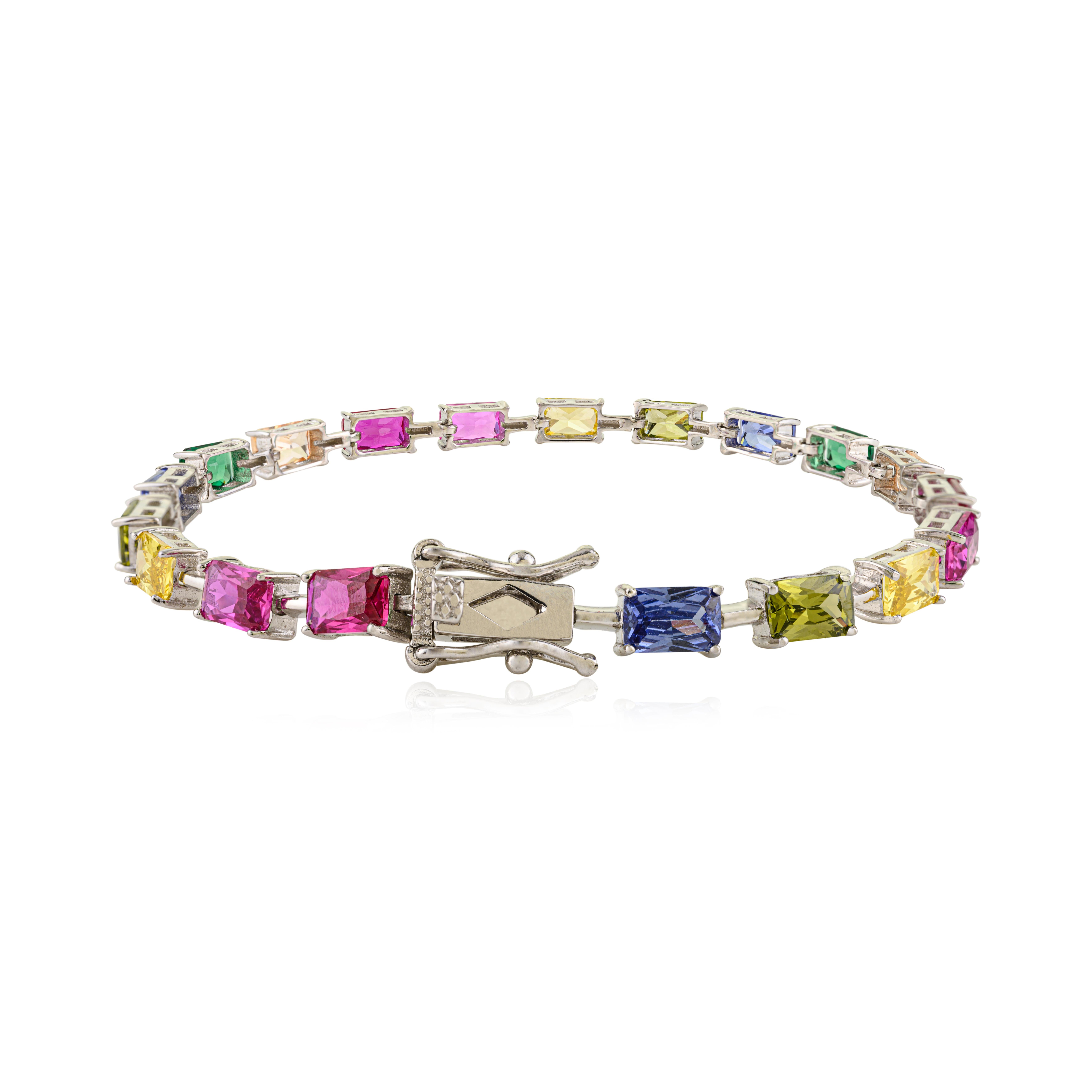 Moderno Silvorra 925 Silver Octagon Cut Rainbow Cubic Zirconia Multi Stone Link Bracelet in vendita