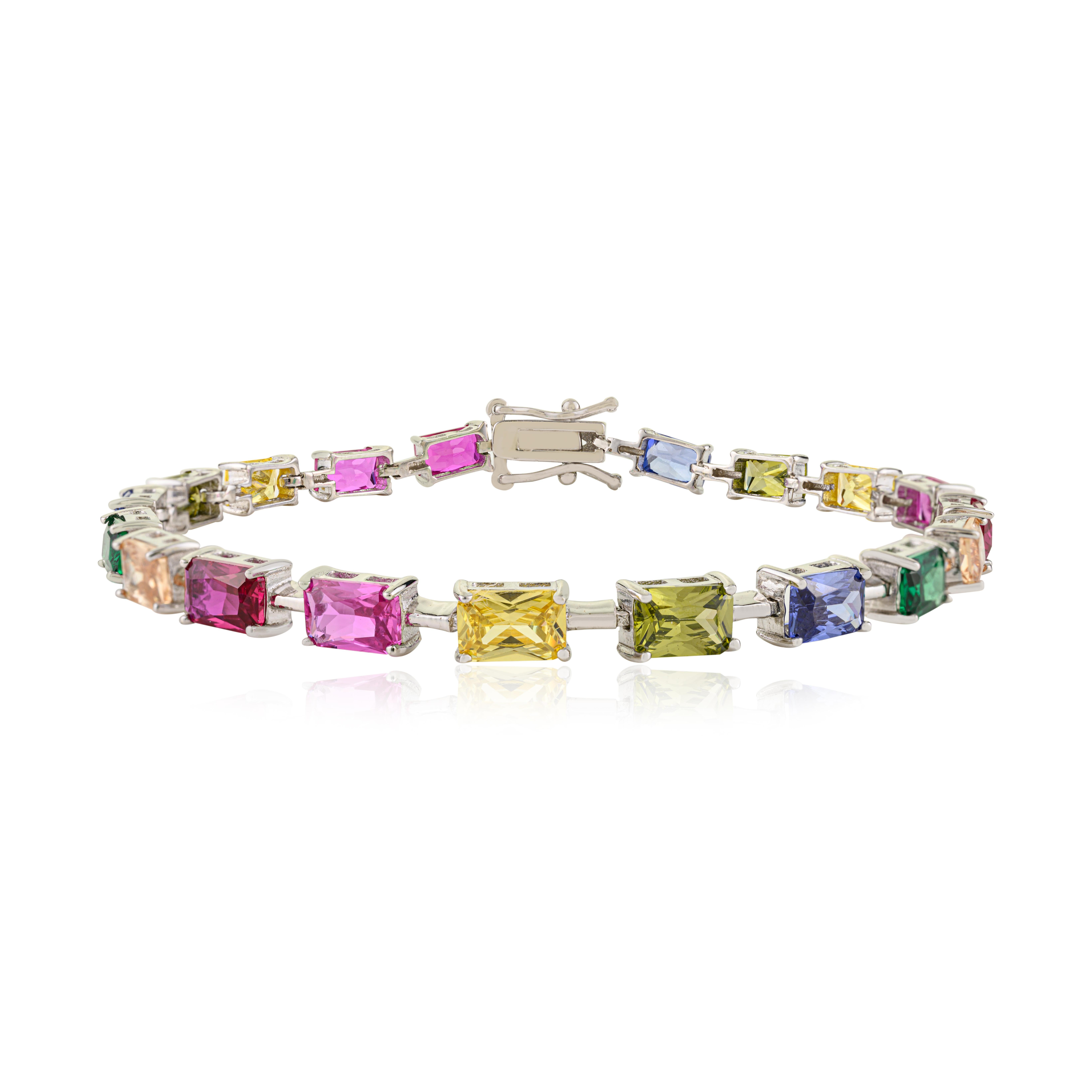 Ottagono Silvorra 925 Silver Octagon Cut Rainbow Cubic Zirconia Multi Stone Link Bracelet in vendita