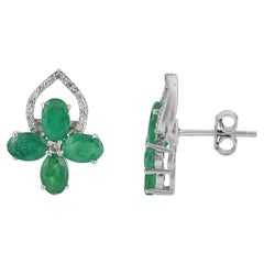 Silvorra 925 Silver Oval Emerald Statement Stud Earrings with Diamond Teardrop