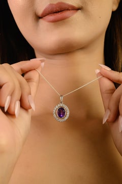 Silvorra Argent 925 Pendentif Halo Zircon Ovale avec 11.88Ct Amethyst Stone Jewelry