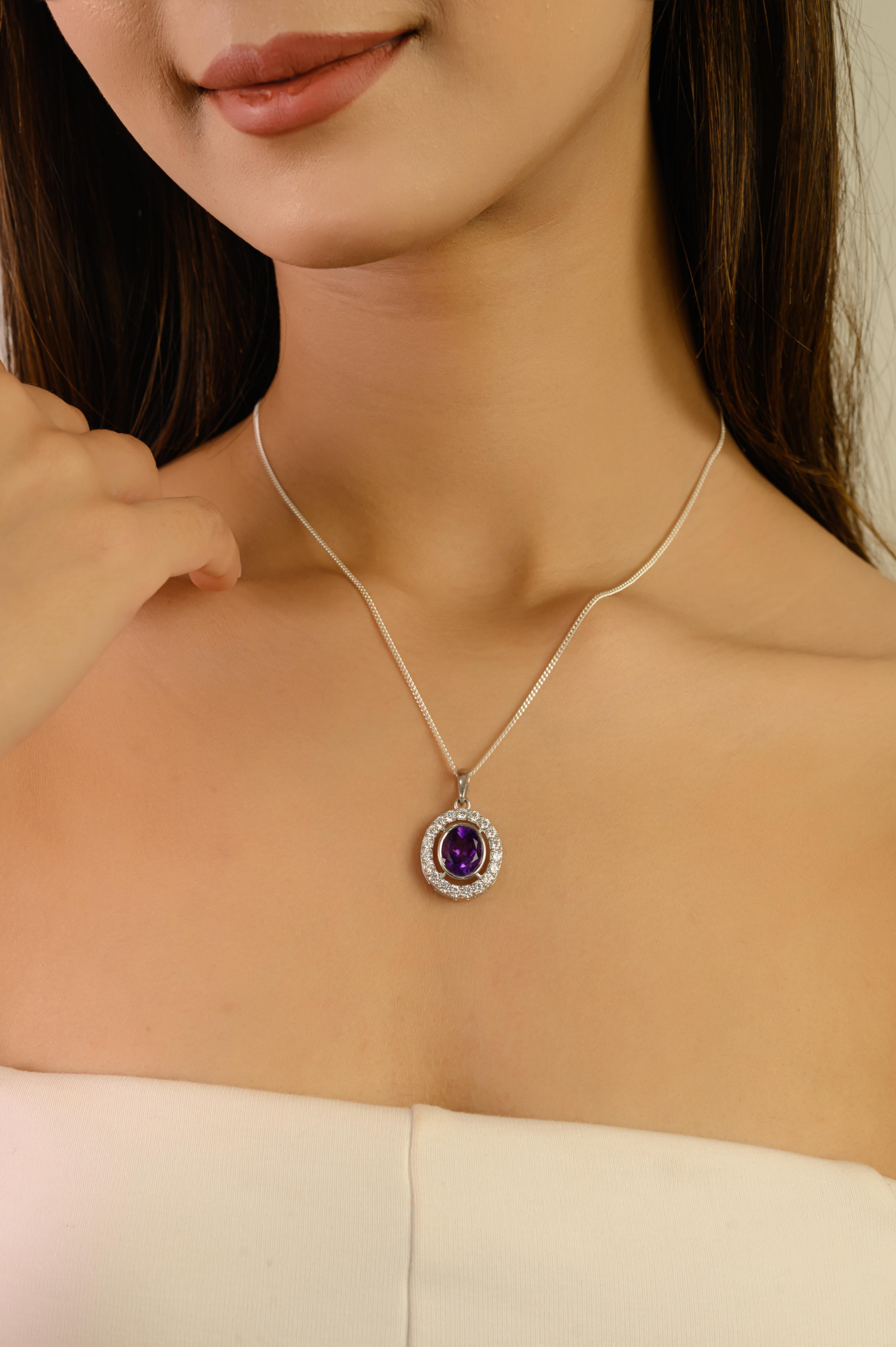 Ciondolo ovale con zircone aureolato in argento 925 e pietra ametista da 11,88 carati Gioielli Silvorra 925 in vendita 2