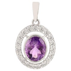 Silvorra 925 Silver Oval Halo Zircon Pendant with 11.88Ct Amethyst Stone Jewelry