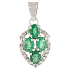 Silvorra 925 Silver Oval Natural Emerald Drop Pendant with Halo Diamond Accents