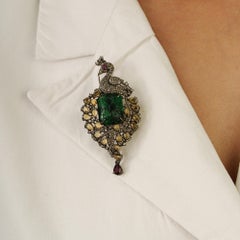 Silvorra 925 Silver Peacock Motif 23.5ct Multi Gem Brooch Pendant with Diamonds