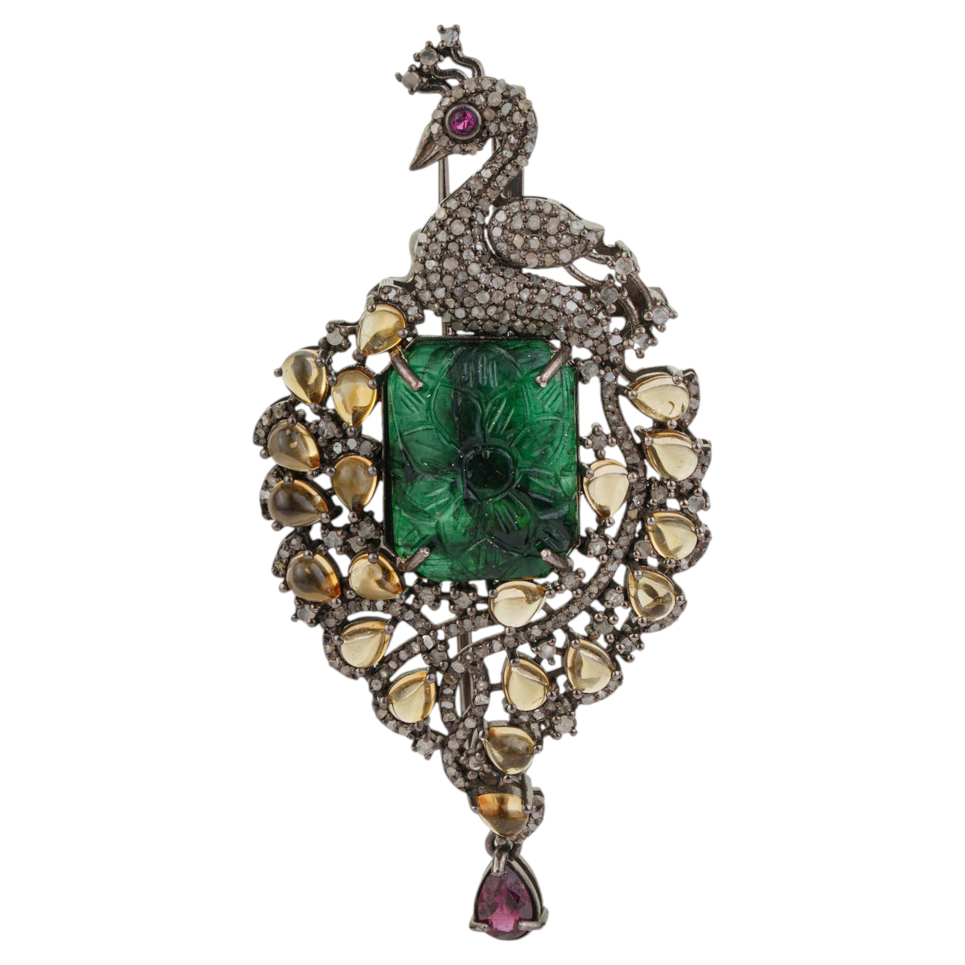 Silvorra 925 Silver Peacock Motif 23.5ct Multi Gem Brooch Pendant with Diamonds
