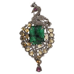 Silvorra 925 Silver Peacock Motif 23.5ct Multi Gem Brooch Pendant with Diamonds