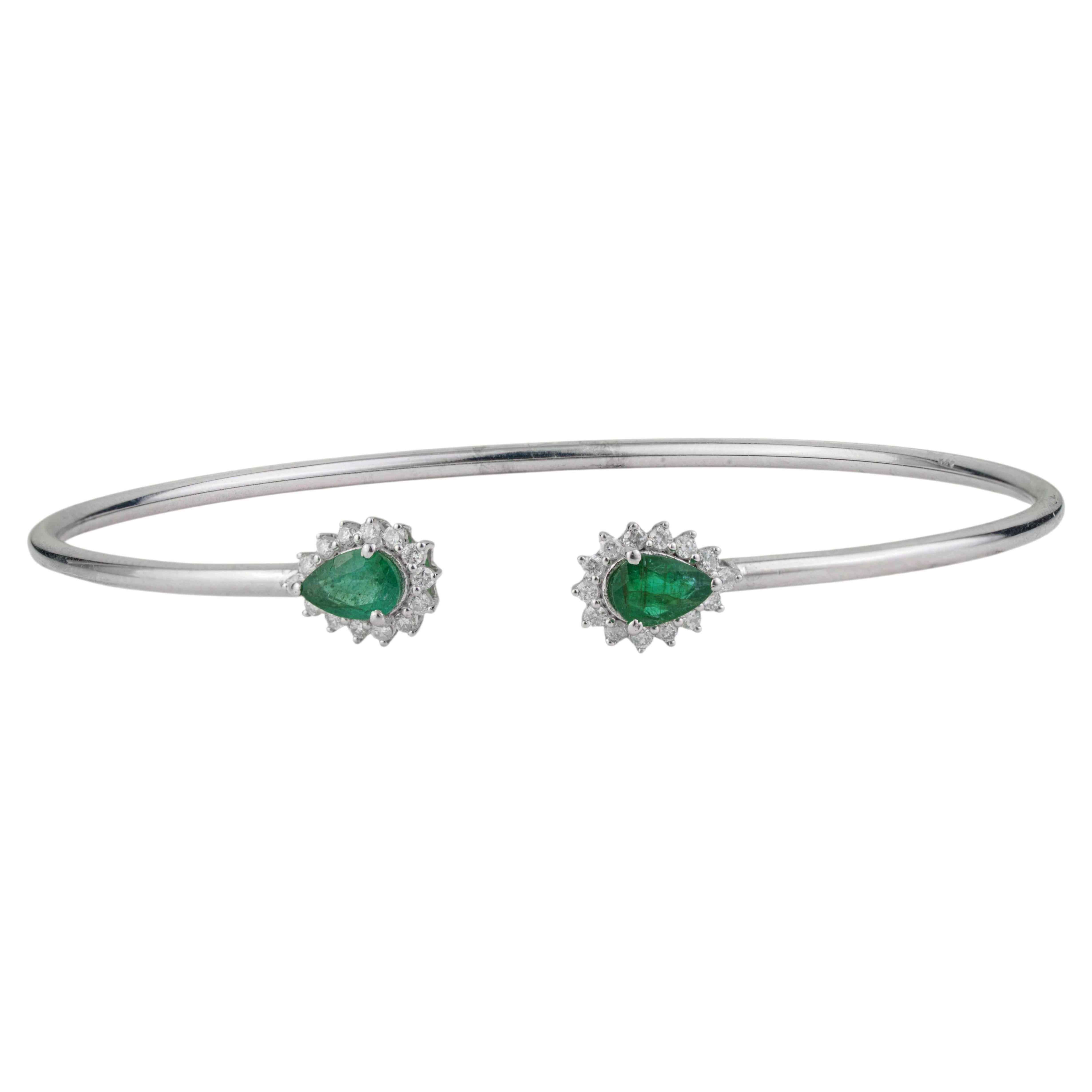 Silvorra 925 Silver Pear Cut Emerald & Diamond Halo Stackable Open Cuff Bracelet For Sale